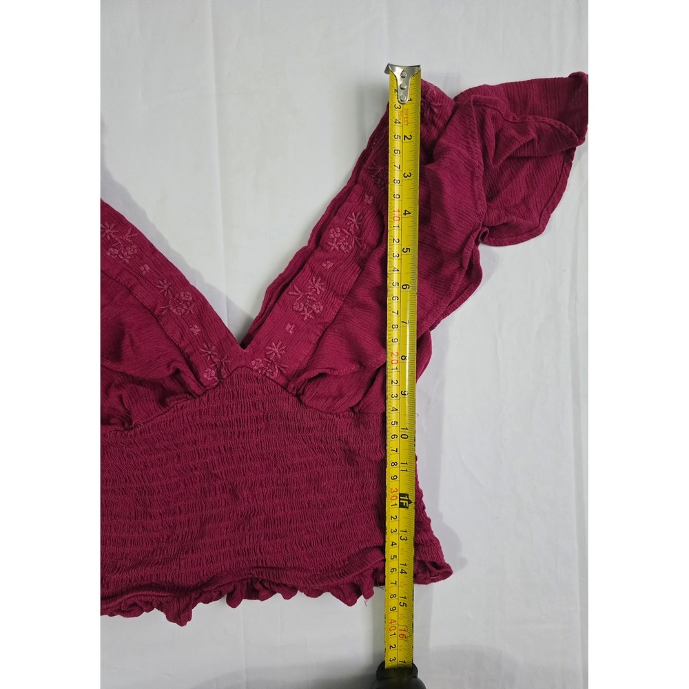 Stradivarius Smocked Crop Top Pink Embroidered Ruffle V-Neck Boho Sleeveless S - Picture 8 of 16